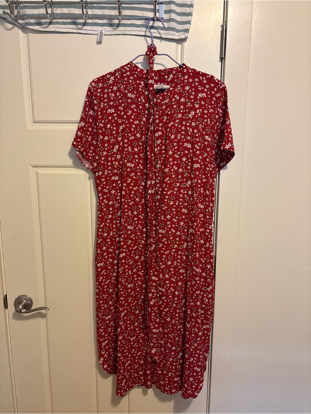 LOFT Red Floral Midi Dress with Short Sleeves